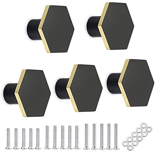 IGNPION 5pcs Hexagon Brass Drawer Wardrobe Kitchen Door Knob Vintage Cabinet Pull Door Handle Cupboard Hardware for Home Decorating, Black