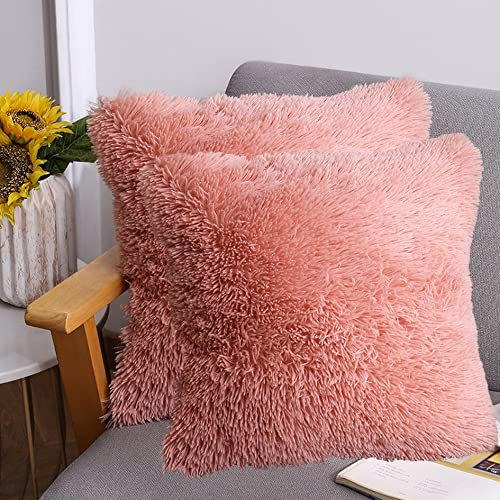 Dongchen Federa per cuscino in morbida pelliccia sintetica, confezione da 2, color pesca e rosa cipria, per ragazze, graziose, per divano, soggiorno, camera da letto