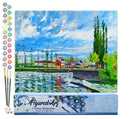 Figured'Art Malen Nach Zahlen Erwachsene Die Schleuse in Pontoise - Camille Pissarro - Paint by Numbers Basteln DIY Bastelset 40x50cm ohne Holzrahmen