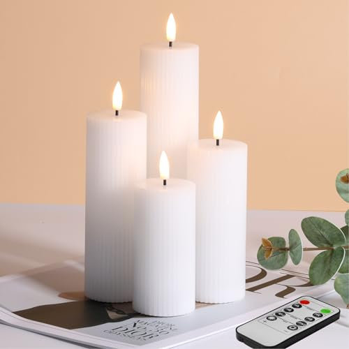 Eywamage White Flickering Flameless Pillar Candles with Remote, Slim Tall LED Battery Wax Candles Φ 2 H 4 5 6 8