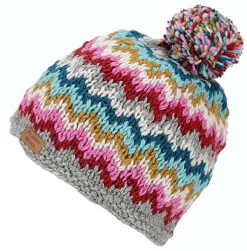 GURU SHOP Bommelmütze aus Nepal, Mütze aus Schurwolle, Wintermütze, Herren/Damen, Grau/pink, Size:One Size