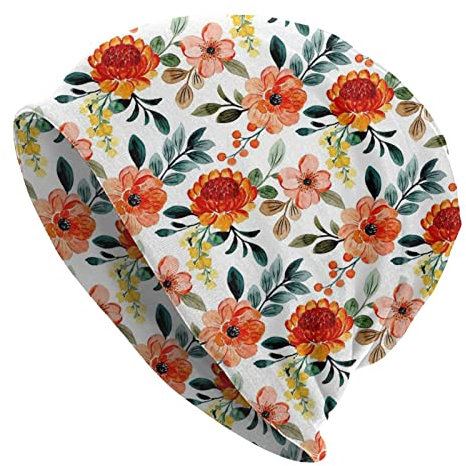 Oudrspo Aquarell Orange Blumen und grüne Blätter Beanie Mütze Dahlie Blumen in Rot Grau und Schwarz Beanie Mütze Niedliche Hüte Warme Schlafschädelmütze für Damen Herren