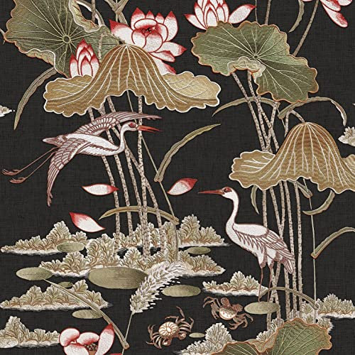 Lotus Pond Black Wallpaper - Floral Crane Bird Lily Pads Crabs Silk Textured Paste The Wall Modern Non-Woven Vinyl