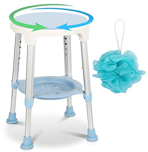 Tubiaz Duschhocker Duschstuhl für Senioren mit duschschwamm, Rund Anti-Rutsch Badhocker Höhenverstellbar 42-54cm 360°Drehbarer, bis 136 kg fur Alten und Schwangere, 1 Stück, (M1-GGP8906c)