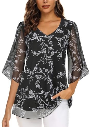 Syphiby Womens Dressy Tops 3/4 Sleeve Tunic Tops to Wear with Leggings V Neck Semi Formal Wedding Guest Dress Shirts Daily Casual Versatile Floral Fall Blouses Black-2XL