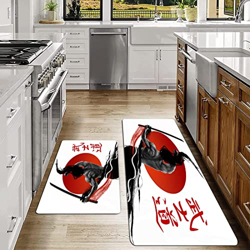 SHIVNAMI 2er Küchenteppich Waschbar rutschfest Teppich,Japanisch, Samurai beim Üben mit Muskeln Katana japanische Sonne asiatisches Disziplinbild,Küche und im Esszimmer Badematten Set mit Rückseite