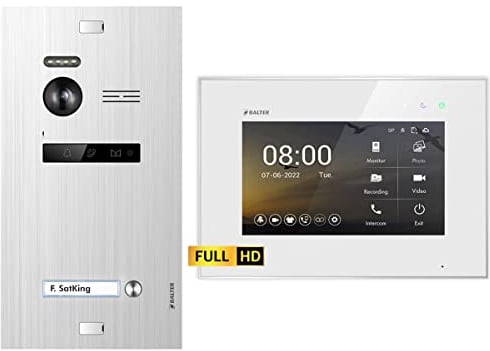 Balter EVO HD Silber/Weiß Video Türsprechanlage Set für 1 Familienhaus (1x Türstation mit Full HD-Kamera, 1x Touchscreen 7 Zoll Monitor, 2-Draht Bus, 175° Weitwinkel, Türöffner)