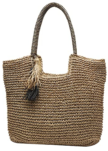 DKIIL NOIYB Sac de plage en paille pour femme, sac fourre-tout tissé d'été avec pompons, grand sac à main en paille avec fermeture éclair pour sacs de vacances, A01-kaki