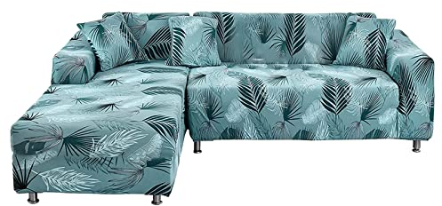 Lydevo Sofabezug Ecksofa L Form Sofa Überwürfe Stretch Sofabezug L Form Rechts oder Links mit Zwei Kissenbezügen Waschbar Universal-Couchbezug L Form Sofa Cover L Shape(3+4,Blaue Blätter)