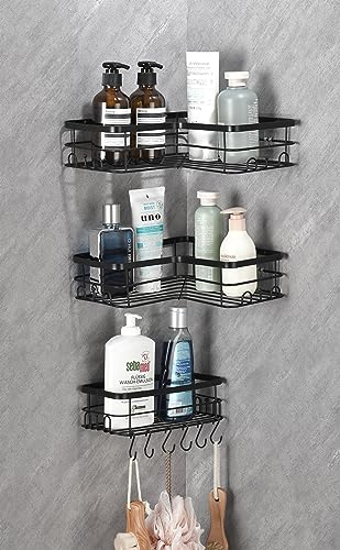 KIIQOO Etagère Douche grande capacité, Panier douche d’angle, Etagère de rangement adhésif sans perçage, Etagère salle de bain inoxydable antirouille, 3 pièces noir