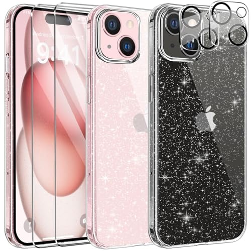 AROYI 5 in 1 Clear Glitter Case Compatible with iPhone 15 Case with 2 Tempered Glass Screen Protector and 2 Camera Lens Protector, Soft Bumper Sparkle Bling Women Girls Phone Case for iPhone 15 6.1