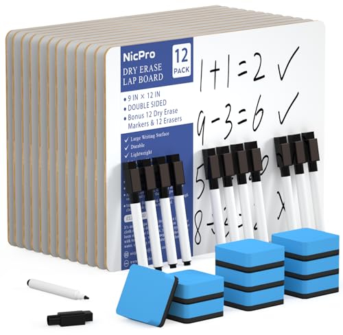 Nicpro 12 Pack Dry Erase Mini Whiteboard A4, 22 x 30 cm Double Sided Lapboard Bulk with 12 Pens,12 Erasers Learning Small White Board Portable Drawing Writing for Kid Student and Classroom Use