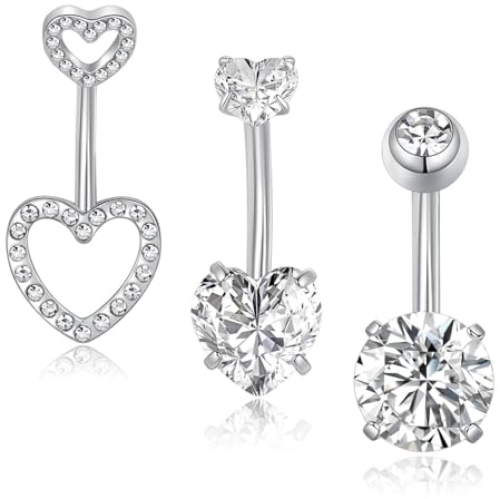 Gojewen 3Pcs Piercing Nombril Acier Chirurgical 14G Nombril Piercing Argent Cœur Nombril Piercing Bijoux