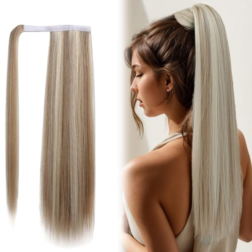 Pferdeschwanz Ponytail Extension 24 Zoll Ascheblond Langes Glattes Pferdeschwanz Haarteil Magic Paste Wrap Around Ponytail Natural Zopf Klettverschluss, Gemischt Ponytail Extension für Mädchen Datum