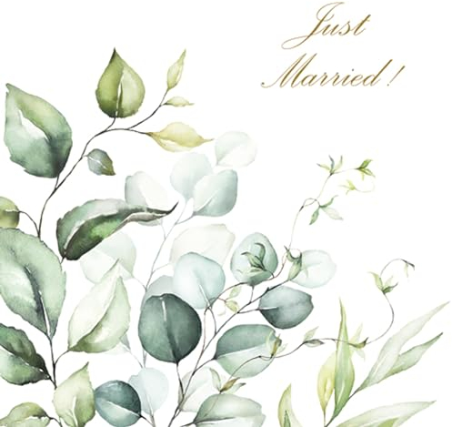 Servietten Papier 33x33cm 3-lagig 20 Stück mit Eukalyptus Motiv Just Married - hochwertig & nachhaltig - Einweg Hochzeitsservietten Motivservietten - Papierservietten für Hochzeit - Weiß Grün
