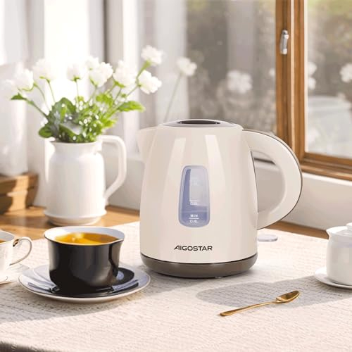 Aigostar Romeo X - Bollitore Elettrico Piccolo 1,2 Litri, 2200 Watt, Portatile Bollitore Acqua Elettrico con Filtro Anticalcare, Indicatore a Doppio Livello Kettle, Senza BPA, Base a 360°, Marrone