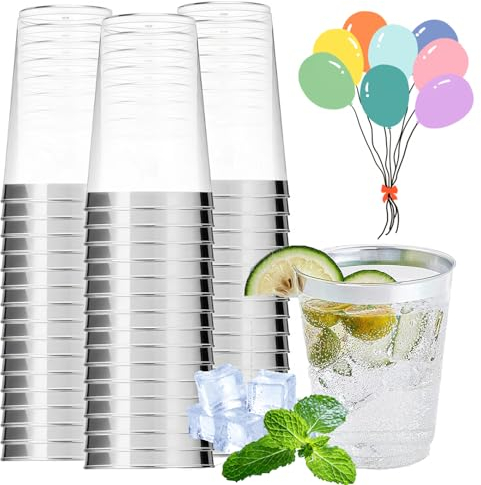 mauepersu Lot de 50 Verres en ABS Bordés d' Argenté, Gobelet ABS Reutilisable 280 ml-10oz, élégants, Pour fête, Cocktail, Martini, Soda, Dessert