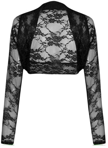 P&R DANCEWEAR LTD Women's Plain Bolero – Ruched Long Sleeve, Open Front, Cropped Cardigan Jacket | Stylish Look(S-M, Black Lace)