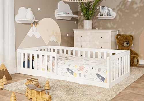 ms factory Bodenbett 160x80 cm - Kinderbett mit Rausfallschutz 40 cm Höhe - Bett Kinder mit Matratze - Toddler Bed aus Holz - Kinder Bett mit Füße 5 cm - Weiß