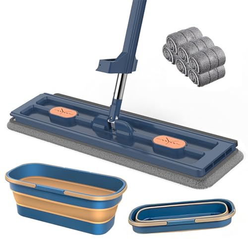 WTLSSG Trapeador plano grande que gira 360° y viene con una almohadilla de fibra súper absorbente, cubo y juego de fregona para limpiar suelos, 6 trapos