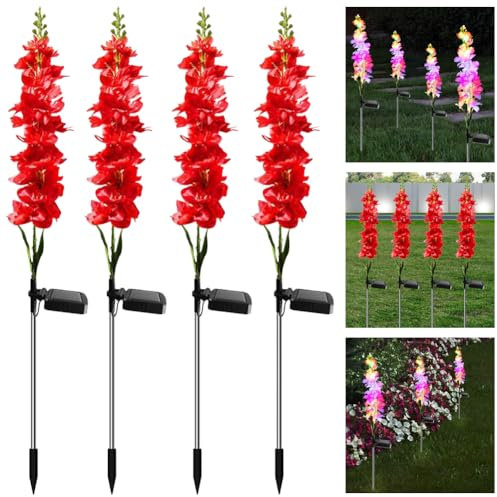 LYEAA Solar Delphinium LED luces de jardín 4 piezas, lámpara de decoración al aire libre impermeable en luz colorida/cálida, regalo