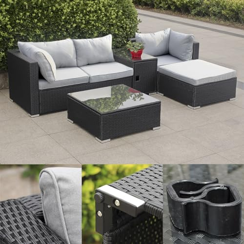 Calma Lux® Rattan Polyrattan Lounge Sitzgruppe Garnitur Gartenmöbel aus 3 Sitzer Sofa, Hocker, Tisch mit Stauraum und Abstelltisch mit Glassplatte (Schwarz/Grau)