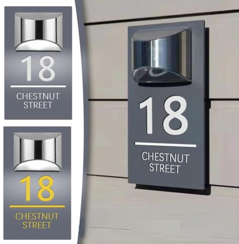 WOMB Plaque de porte solaire moderne personnalisée, gravure laser 3D personnalisée, nom de rue, maison, adresse, plaque solaire personnalisée (18 x 32 cm)