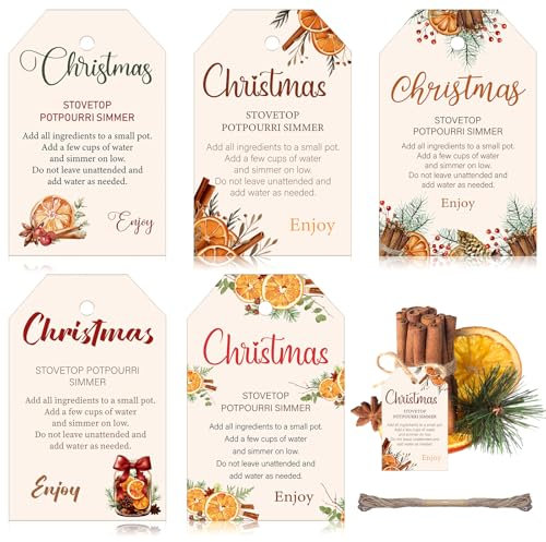 Watersay 100 Pcs Christmas Stovetop Potpourri Gift Tags Simmer Pot Potpourri Instructions Tags with 98.4 ft Hemp Rope Holiday Christmas Scents for Christmas Party Celebrations Favor Tags