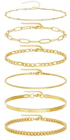 GMHLLES 6 Pcs Gold Bracelet Set, 14K Plated Stacking Bracelets, Layered Metal Link Bracelet Fashion Jewelry