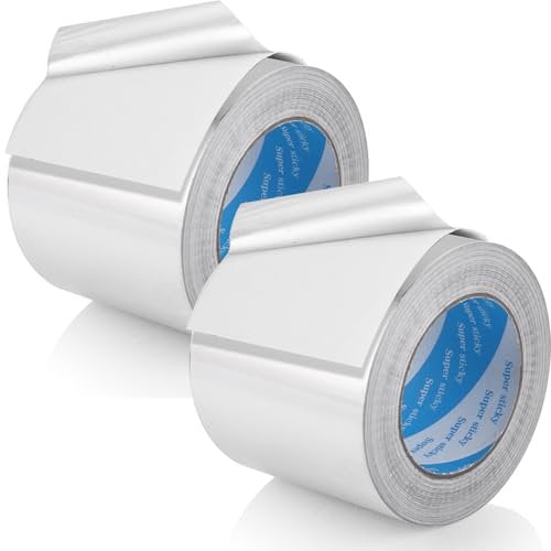 SHUESS 2 rollos de cinta de aluminio (100 mm x 50 m) – Cinta adhesiva de metal plateado fuerte para aislamiento y sellado – Cinta aislante resistente al calor para sellar conductos