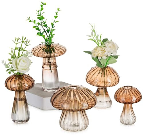 Glasseam Pilz Kleine Vasen für Deko: Cute Glas Vase Geschenk für Mama Freunde Pflanze Liebhaber - Mini Braun Blumenvase Klein Propagation Station für Home Wohnzimmer Esstisch Fensterbank