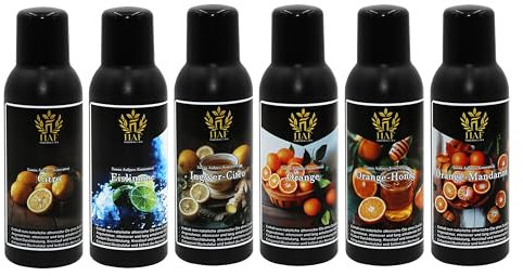 HAF® Saunaaufguss Konzentrat Set Zitrusfrüchte | 6 x 100 ml Saunaduft mit Citro, Orange, Eislimone, Ingwer-Citro, Orange-Honig, Orange Mandarine | Saunaöl aus 100% natürlichen ätherischen Ölen