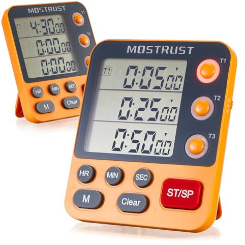 Digitaler Dual-Küchentimer, 3-Kanal-Countdown-Dreifach-Timer zum Kochen, großes Display, einstellbare Alarmlautstärke, magnetischer Stoppuhr-Timer für mehrere Lebensmittel Orange