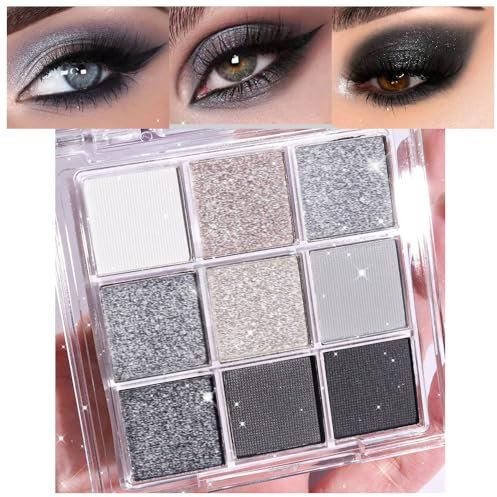 Lilbitty Set di 1 palette di ombretti con 9 colori, impermeabile, pigmentato per occhi, in nero e argento, ombretto di lunga durata, per donne e ragazze