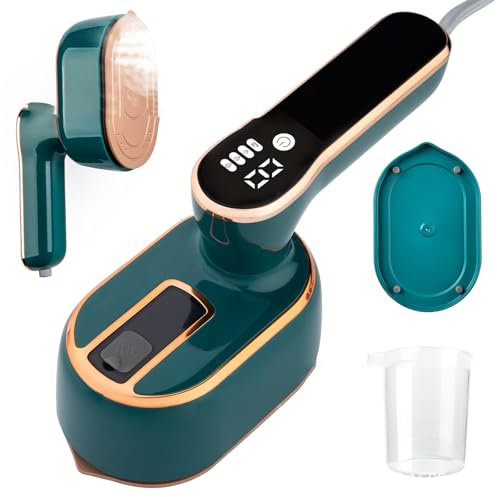 Travel Clothes Steamer Portable Iron, LCD Screen 2 in 1 Powerful Steam Clothing 100ML Wrinkles Remover for Garments, 1000W 15S Fast Heat-up, Iron for Travel, Home, Office - Green