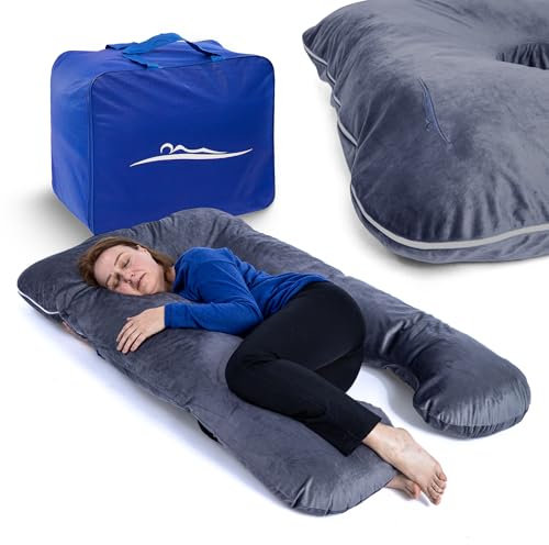 MKS Seitenschläferkissen mit Bezug | Komfortkissen (100 x 150 cm) | Schlafkissen | Seitenschläferkissen u Form | Ergonomisches Premium kühlendes Kuschelkissen (Mikroplüsch (Kuschelig) / Dunkelgrau)