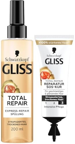 Gliss Express-Repair-Spülung Total Repair (200 ml) sofortige Kämmbarkeit und Schutz vor Haarbruch, Hitzeschutz & SOS-Intensiv-Kur Total Repair (15 ml) mit Keratin für intensive Reparatur