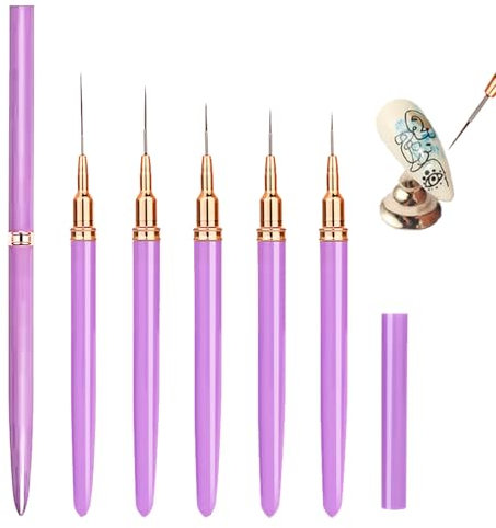 5 Piece Nail Art Liner Brushes Set - Painting Design Tool for Fine Details, Long Lines, and Dotting - Includes Various Sizes 7/9/11/15/25mm - Purple