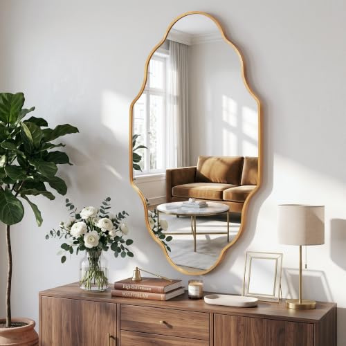 Fahomiss Miroir Mural Ondulé Doré avec Cadre en Alliage d’Aluminium Qualité Aviation & Verre de Sécurité Trempé pour Salon, Chambre & Entrée