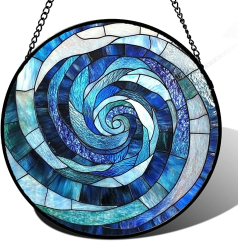 CRISGIF Stained Glass Window Hanging - Blue Abstract Swirl Suncatcher for Doors Garden Patio Unique Sun Catchers Decor Christmas Mother's Day Birthday Gifts for Women Men Mom Nana Friend 7.8 in