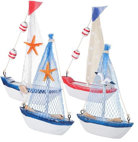 DEARMAMY 4 Pcs Handcrafted Solid Wood Nautical Boat Model with Mediterranean Sail Design Seagull and Flag Details Coastal Ocean Decor for Table Shelf and Beach-themed Parties