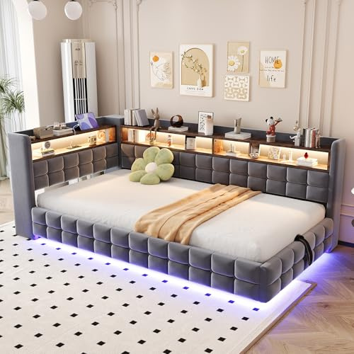 ANIROY L-förmige Schlafsofa 90x200cm, Samtstoff Polsterbett Tagesbett Sofabett mit LED & USB, Hydraulischem Stauraumbett, Einzelbett Bettgestell mit Lattenrost & Rückenlehne, ohne Matratze, Grau