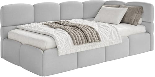 Selsey Jugendbett 120x200cm Hellgrau Chenille Stoff mit Matratze und Lattenrost, Polsterbett mit Stauraum und Bettkasten, gepolstertes Kinderbett 120x200, Jugendbett rechtsseitig mit Eckkopfteil