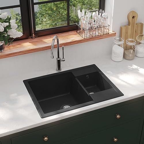 Ordellia Évier de cuisine en granit noir avec deux lavabos, trou de trop-plein, résistant à la chaleur jusqu'à 280°C, montage en haut, compatible meubles inox et céramique, idéal pour cuisine