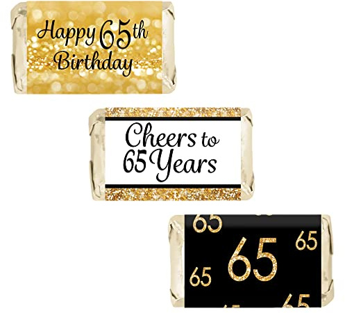 65th Birthday Candy Bar Wrappers, Black and Gold, 42 Count