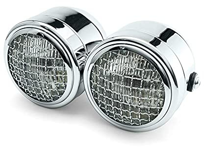 Alchemy Parts Motorrad Scheinwerfer mit Netz Gitter Chrom Dual Halogen 35W Dominator Warrior Bandit Trike