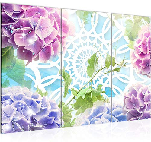 Runa Art Wandbilder Blumen Hortensien Bild XXL Wohnzimmer Schlafzimmer Bunt Mandala 120 x 80 cm 3 Teilig 017531b