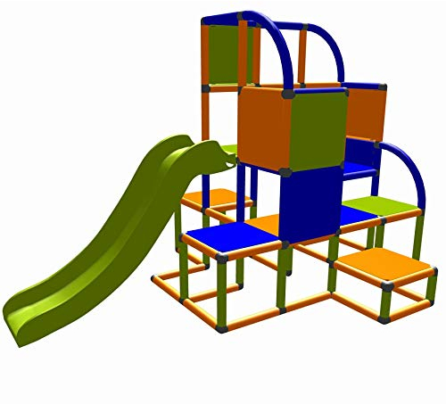Move and stic Helge großer Spielturm/Kletterturm mit Rutsche für Kleinkinder (orange blau apfelgrün)
