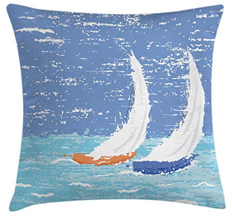 ABAKUHAUS Nautisch Kissenbezug, Grunge Segelboot-Ozean, Seitenschläferkissenhülle ohne Kissen mit Reißverschluss und Beitseitigem Druck Waschbar, 40 x 40 cm, Hellblau