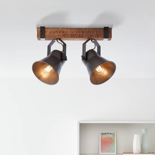 Lightbox Deckenstrahler | 24 x 40 cm | 2 flammige Spotbalken mit schwenkbaren Köpfen | 2 x E27 Fassung | Wohnzimmer | aus Metall/Holz in Schwarz Stahlfarben
